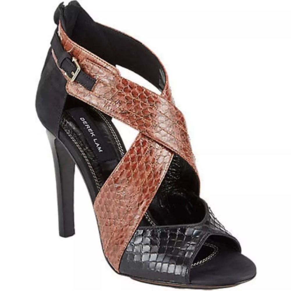 Derek Lam Falyn Tiger Snake & Leather 4” Heels Black/Brown 7.5